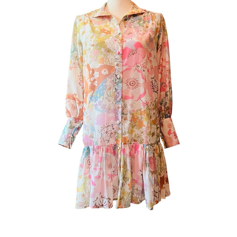 Pink Ripple Chic Long Sleeve Sheer Floral Dress in Pink and Cream Size Small - Picture 9 of 12